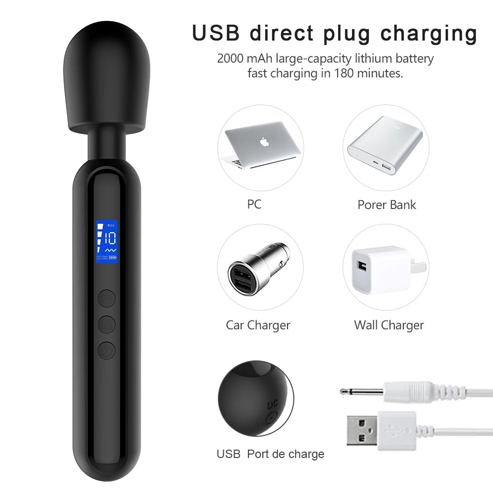 Multi Functional Massage Stick LCD Display Timing Vibrator Silicone Material 10 Frequency 4-Speed Waterproof Charging Model