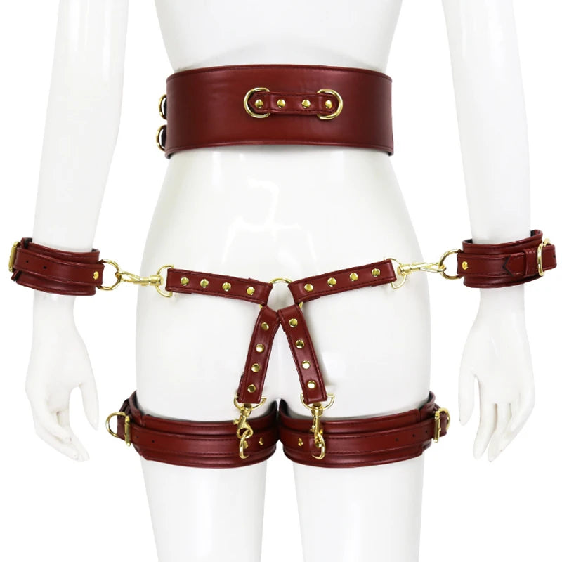 SM Bondage Set Include Waistband, Wrist & Thigh Cuffs, Cross Buckle, Adult Games Restraints Handcuffs Leg Cuff Sex Toys