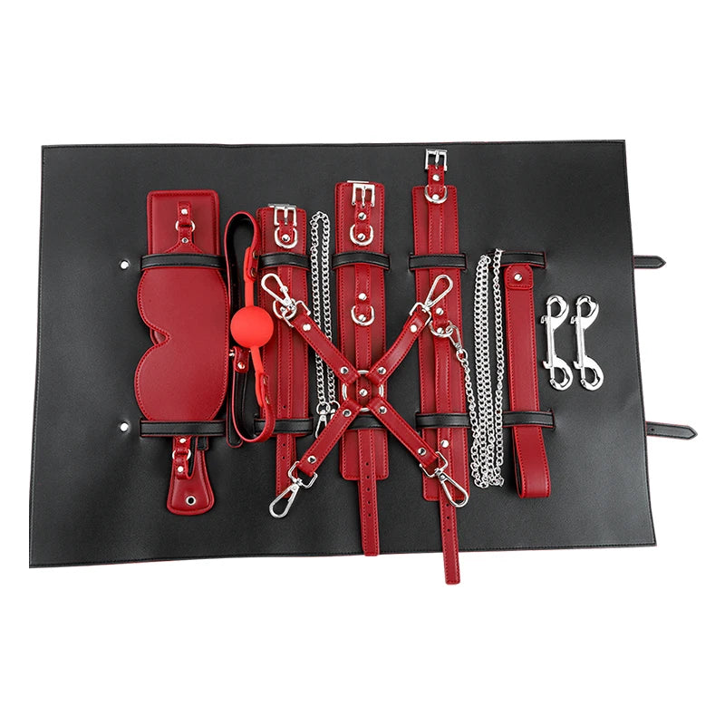 Erotic Tied Bondage Kits Sex Slave Restraint Set Ankle Cuffs Handcuff Collar Gag Whip Blindfold Adult Sex Toys for Women