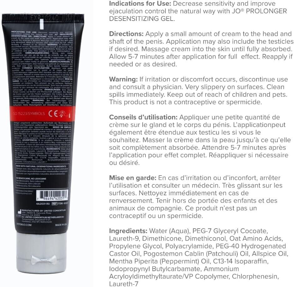 System JO Prolonger Male Genital Desensitizing Enhancement Delay Gel 2 Oz