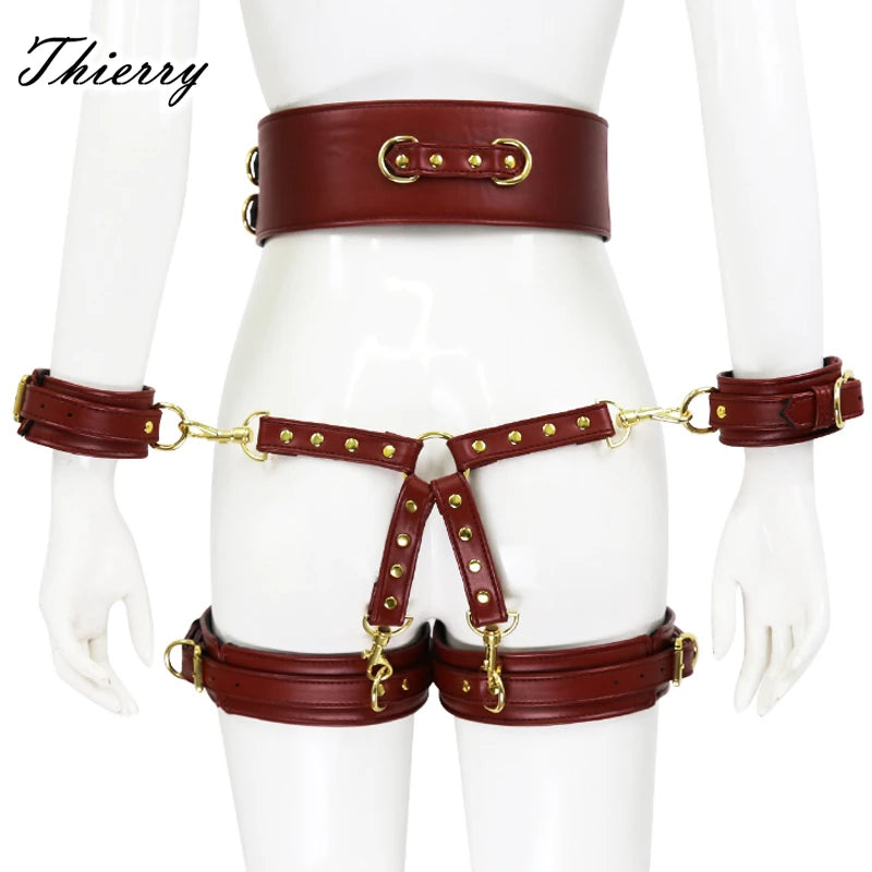 SM Bondage Set Include Waistband, Wrist & Thigh Cuffs, Cross Buckle, Adult Games Restraints Handcuffs Leg Cuff Sex Toys